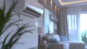 Close-up of a wall-mounted air conditioner in a modern living room with blurred furniture, decor, and curtains in the background. ac repair in greenville